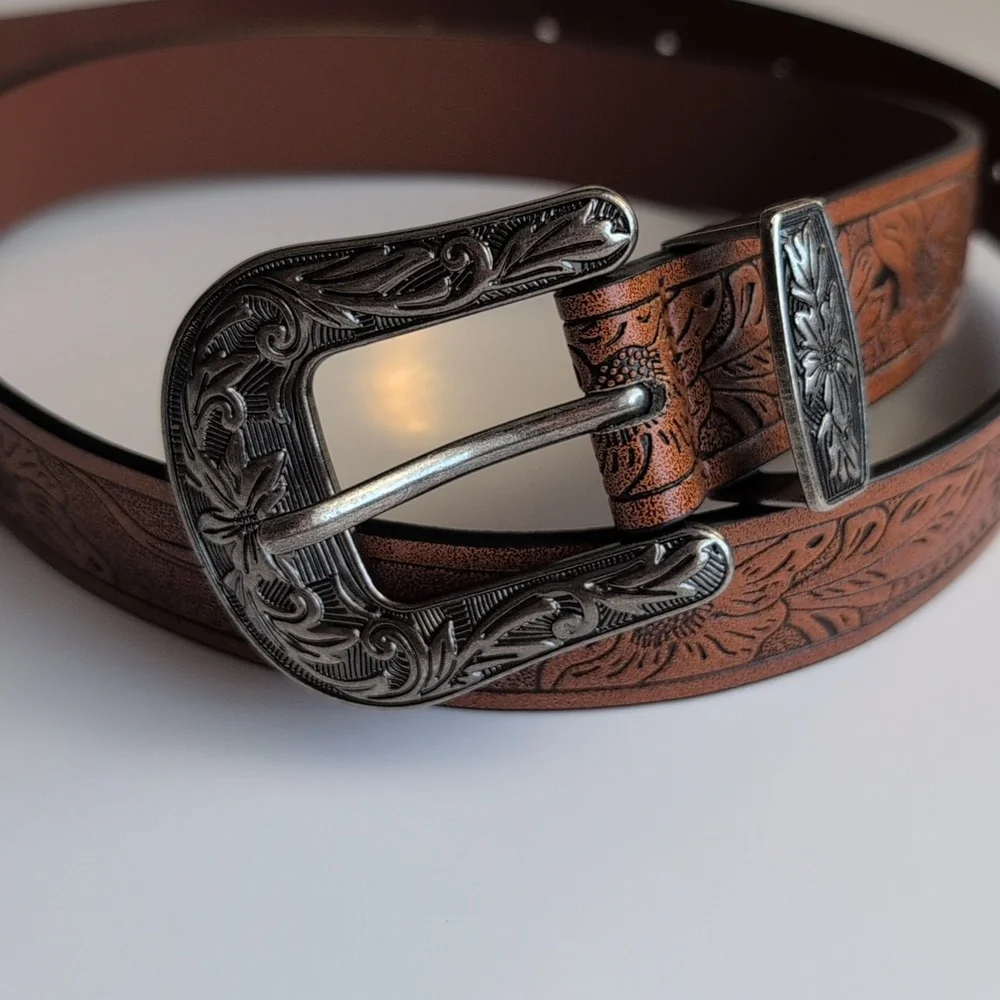 Brown Embossed Faux Leather Pleather Cowgirl Cowboy Western Tooled Belt